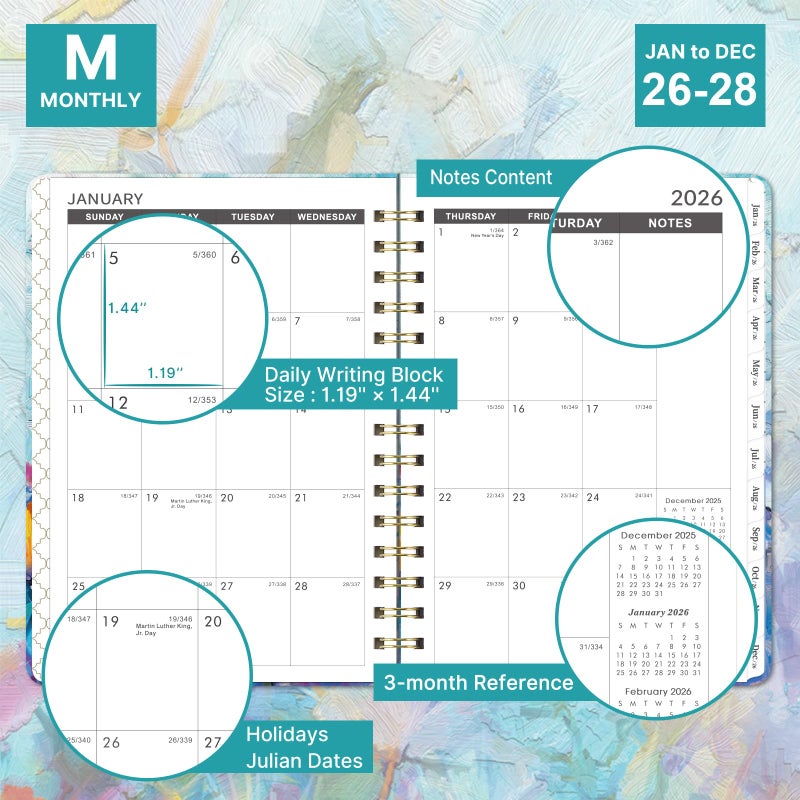 MaaIbok 2026-2028 Monthly Planner/Calendar - 3 Year Monthly Planner 2026-2028, January 2026 - December 2028, 6.3"" x 8.4"", 36-Month Calendar with Tabs, 29 Notes Pages, Hardcover, Inner Pocket - Oil Painting - Image 4